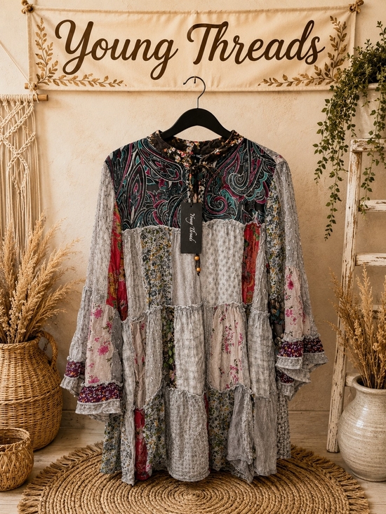 Young Threads Dresses & Skirts - 354 Young Threads Grey Floral Patchwork Long Sleeve Tiered Dress